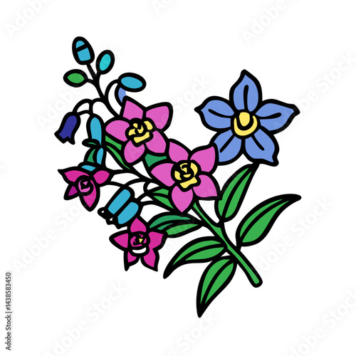 Wallpaper Mural Floral design with pink flowers, blue flowers, green leaves, botanical art, flower bouquet illustration Torontodigital.ca