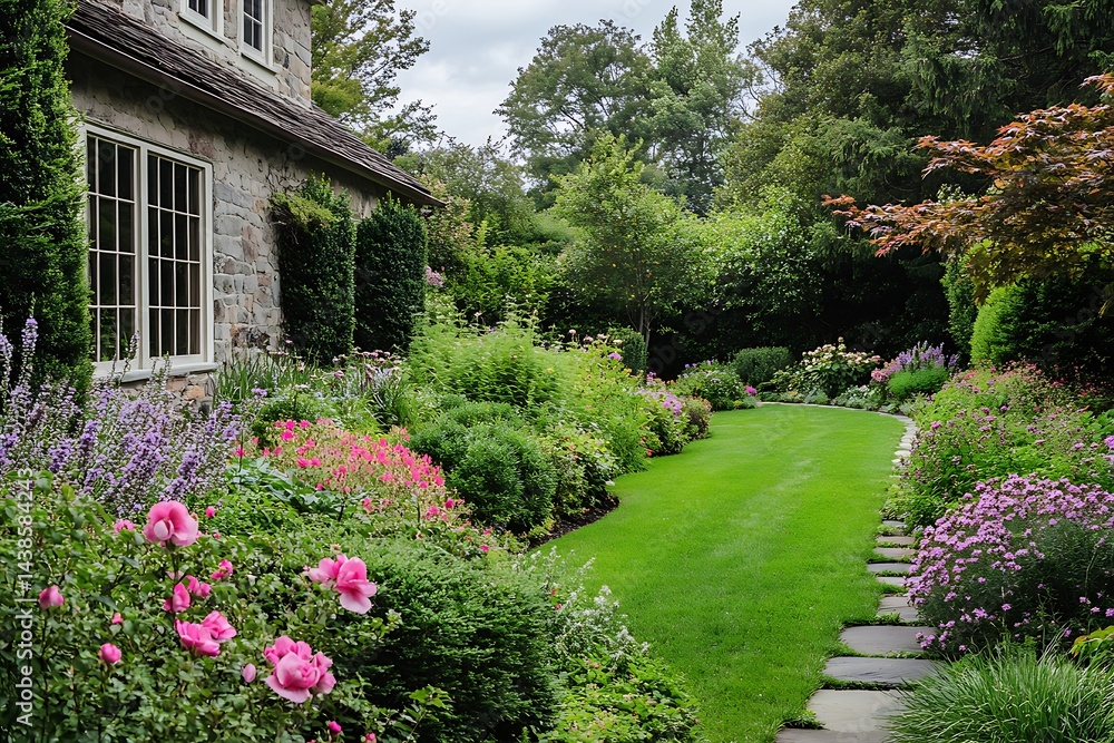 Obraz premium Lush Garden Retreat: Vibrant Flowers and Lush Greenery Surrounding a Stone Cottage 