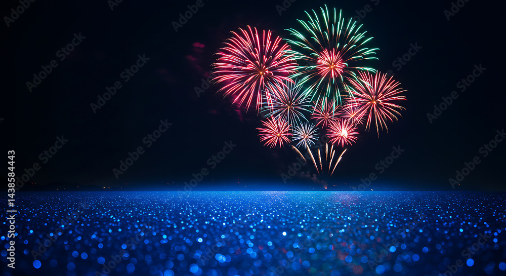 Fototapeta premium Vibrant colorful exploding fireworks illuminating the dark night sky above a sparkling blue glitter ground, concept for celebration events, holiday greetings and festive party invitations