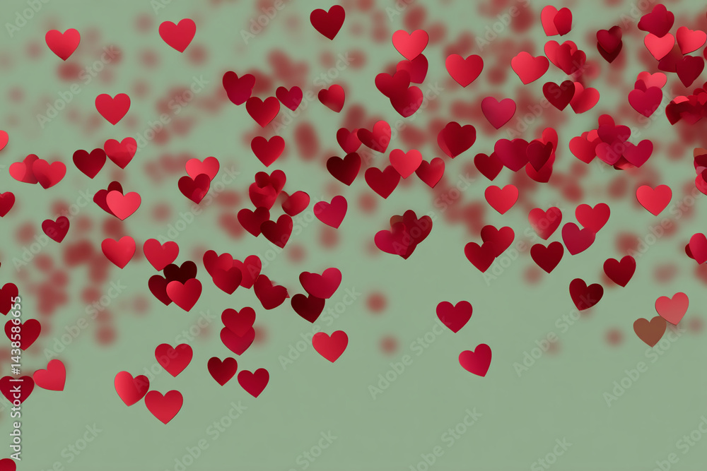 Red hearts falling on green background, creating romantic and festive mood, perfect for Valentine's Day greetings or love-themed designs Red hearts falling on green background, creating romantic and festive mood, perfect for Valentine's Day greetings or love-themed designs