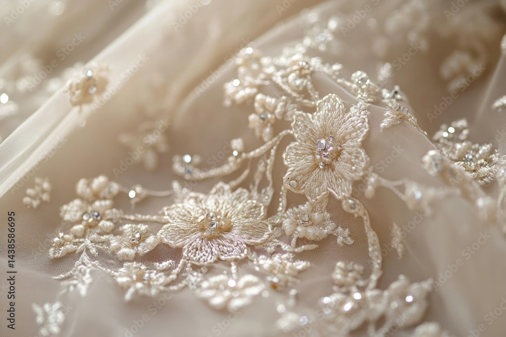 Fototapeta premium Close-up of delicate beige fabric adorned with embroidered floral lace and sparkling embellishments.
