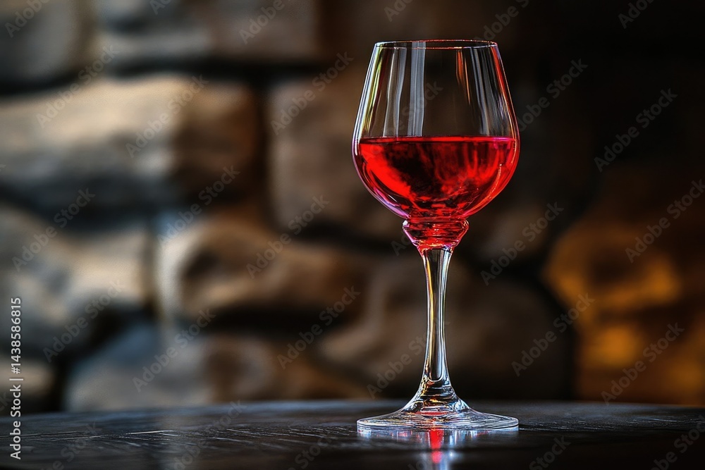 A glass of red wine sits on a dark wooden table against a blurred stone wall background. A glass of red wine sits on a dark wooden table against a blurred stone wall background.