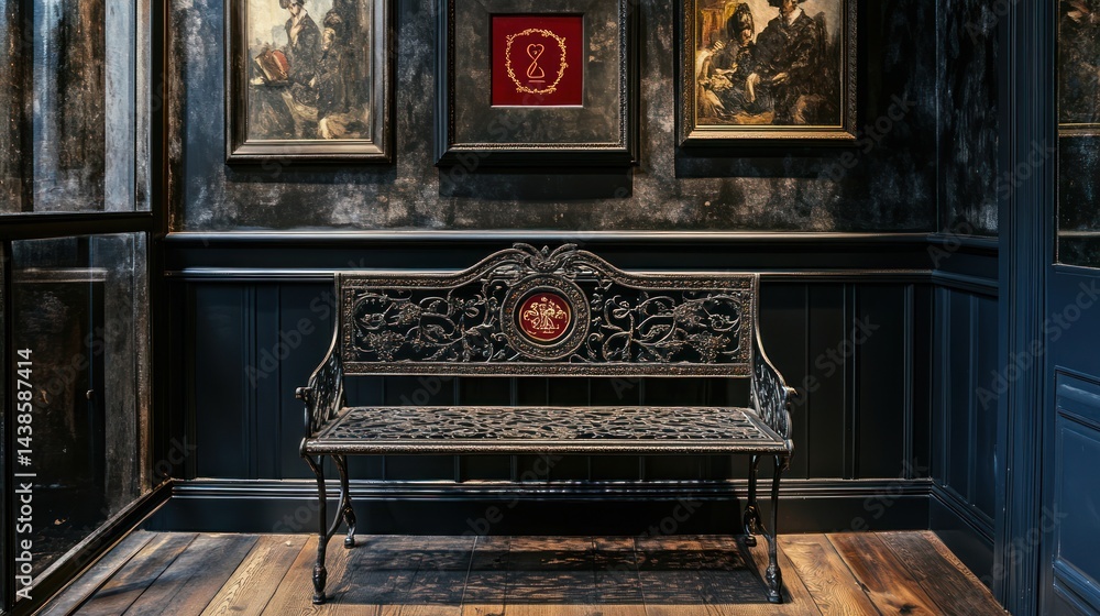 Fototapeta premium Ornate bench in dark interior, art gallery background, waiting area
