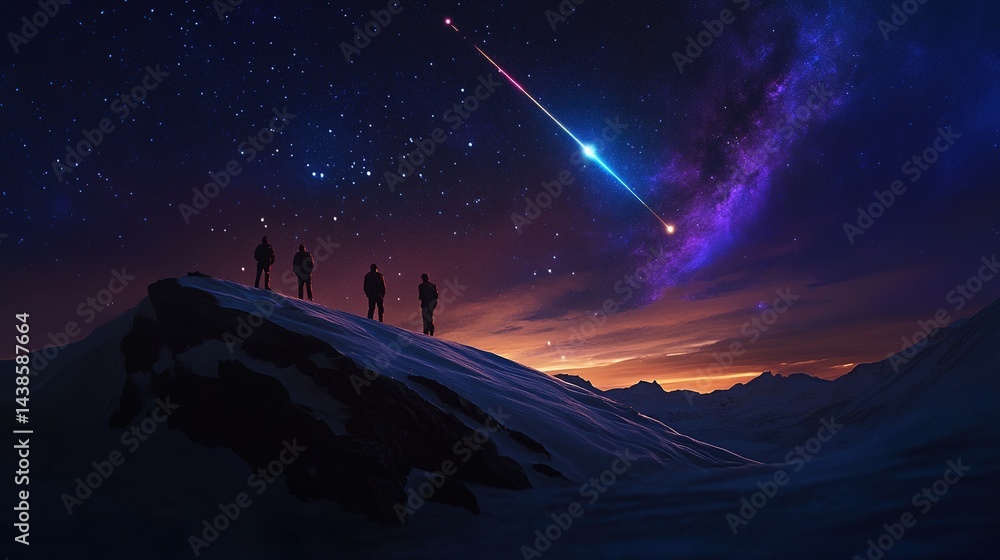 Fototapeta premium meteor streaks over quiet snowy mountain ridge with group of stargazers