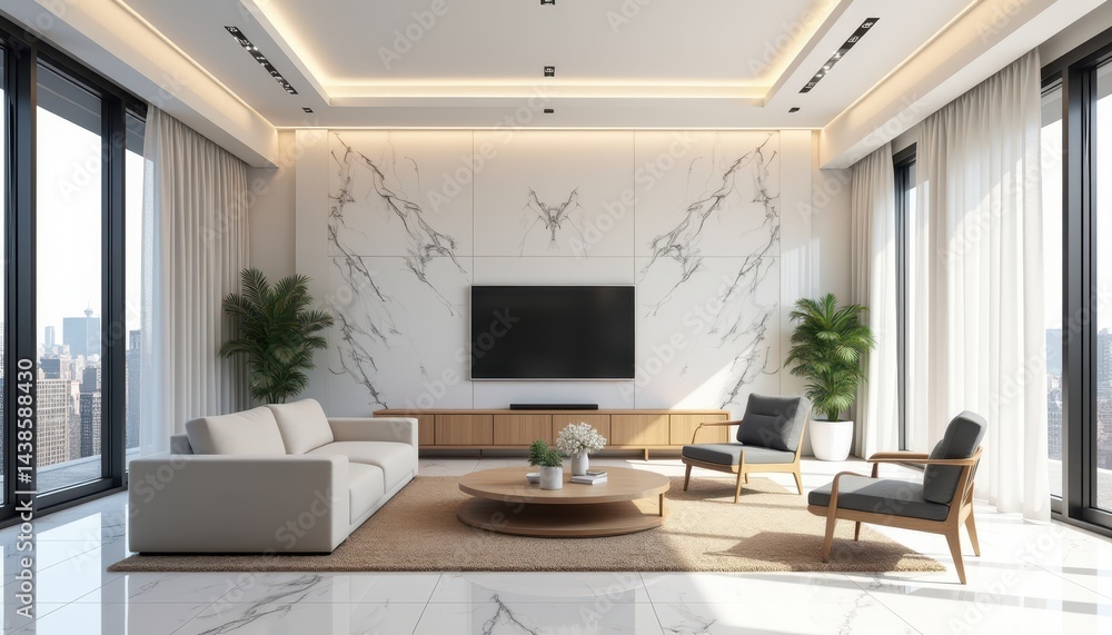 Fototapeta premium Modern Living Room with Marble Accent Wall and City View