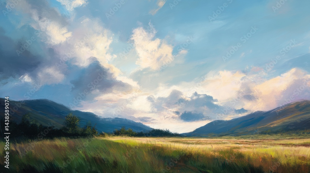 Highland Meadow at Golden Hour with Rolling Clouds and Sunlit Grass in Painterly Tranquility Highland Meadow at Golden Hour with Rolling Clouds and Sunlit Grass in Painterly Tranquility