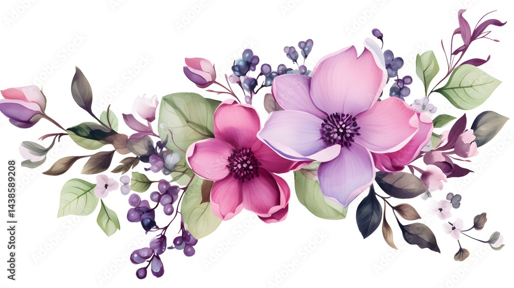 Vibrant Purple Berry and Green Leaves with Violet and Pink Flowers in Natural Setting Vibrant Purple Berry and Green Leaves with Violet and Pink Flowers in Natural Setting