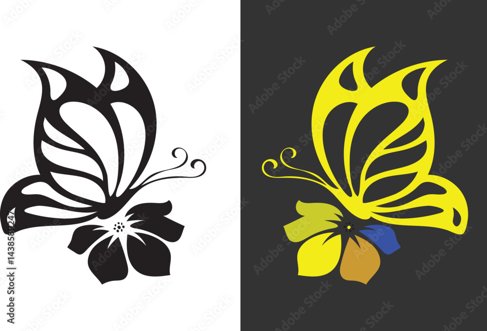 Obraz premium natural, botanical, flower, decoration, spring, symbol, monochrome, nature, vector, butterfly, illustration, wings, abstract, design, insect, art, graphic, pattern, isolated, icon, animal, silhouette,