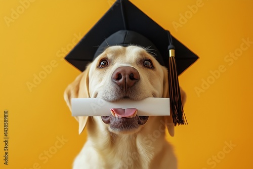 Cute cheerful white labrador in black graduation hat holds white diploma in mouth on yellow background