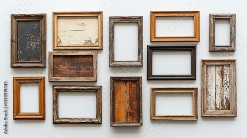 Rustic wooden picture frames arranged on white background, design mockup