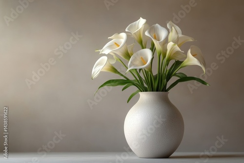 A bouquet of elegant white calla lilies arranged in a simple, off-white vase against a muted background.