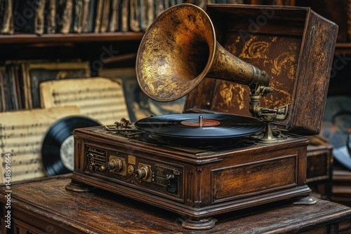 Antique gramophone playing vinyl record, surrounded by vintage sheet music and books.