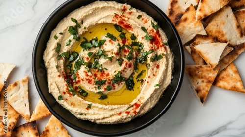 Wallpaper Mural Creamy hummus in black bowl with pita bread. Torontodigital.ca