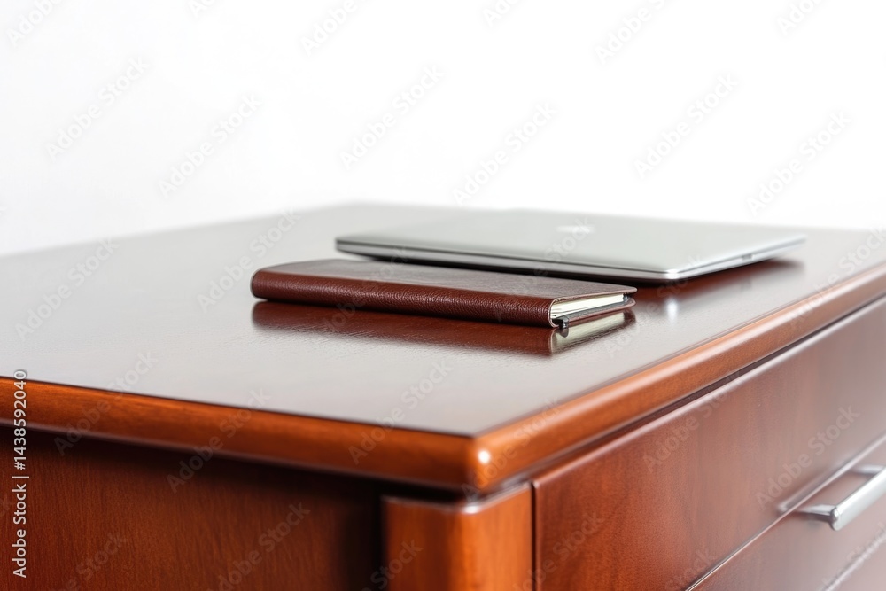 A brown leather notebook rests on a wooden desk next to a silver laptop, suggesting a workspace. A brown leather notebook rests on a wooden desk next to a silver laptop, suggesting a workspace.