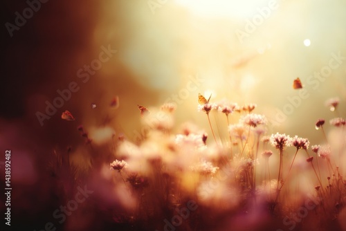 Wildflower Meadow with Butterflies in Golden Sunlight and Dreamy Blur Effect