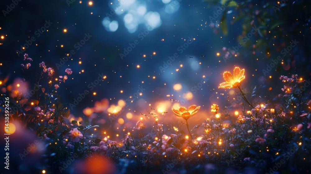 A enchanted night garden background with fireflies and glowing flowers A enchanted night garden background with fireflies and glowing flowers