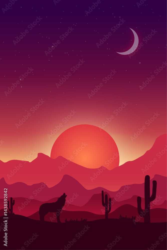 Naklejka premium Coyote wolf howls at the moon. Colorful landscape vector illustration of wild west desert with cactuses, mountains and the fiery sun. 