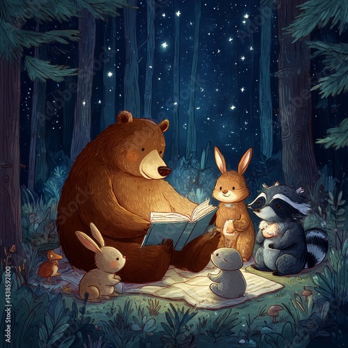 Bear reading a book to animals bunny and raccoon at night under the stars and full moon. Cute animals reading fairy tales in forest at night. Hand drawn artistic vector illustration for children.