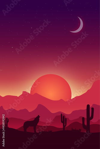 Coyote wolf howls at the moon. Colorful landscape vector illustration of wild west desert with cactuses, mountains and the fiery sun. 