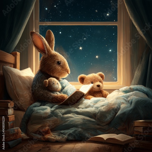Cute bunny or rabbit read book before sleep with his teddy bear in bed. Animal toys in kids bedroom. Little star peep in the window at night. Vector illustrated magical scene for children story book