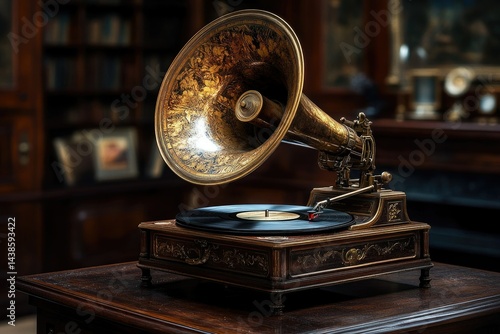 Antique gramophone with ornate horn and vinyl record, showcasing vintage audio technology in a classic setting.