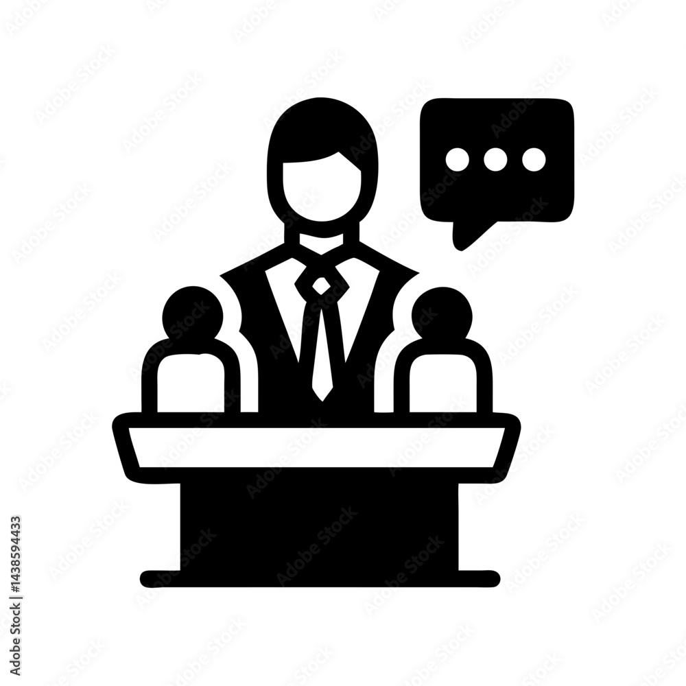 A simple black vector minimalist icon of a person speaking at a desk with an audience, perfect for seminars, workshops, or communication - centered content in professional development and educational A simple black vector minimalist icon of a person speaking at a desk with an audience, perfect for seminars, workshops, or communication - centered content in professional development and educational