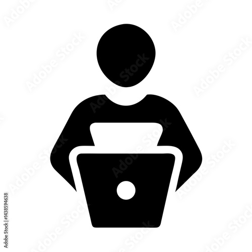 A simple black vector minimalist icon of a male working on a laptop, ideal for digital work, tech - related projects, or remote - working - themed visuals in corporate and educational materials.