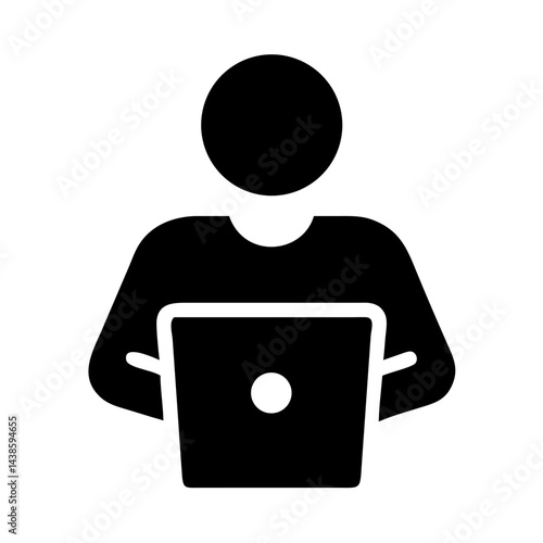A minimalist black vector icon of a male figure using a laptop, perfect for technology, work - from - home, digital - workspace, or online - activity - related content in tech blogs, software interfac