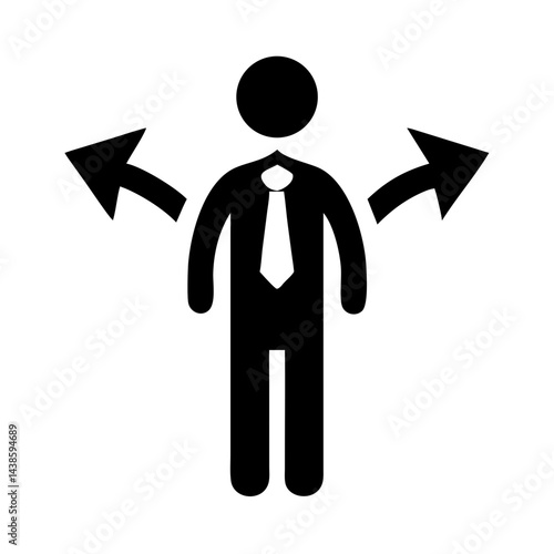 A minimalist black vector icon of a male figure with arrows, suitable for decision - making, choice - related, or directional content in business, management, and strategic planning materials.
