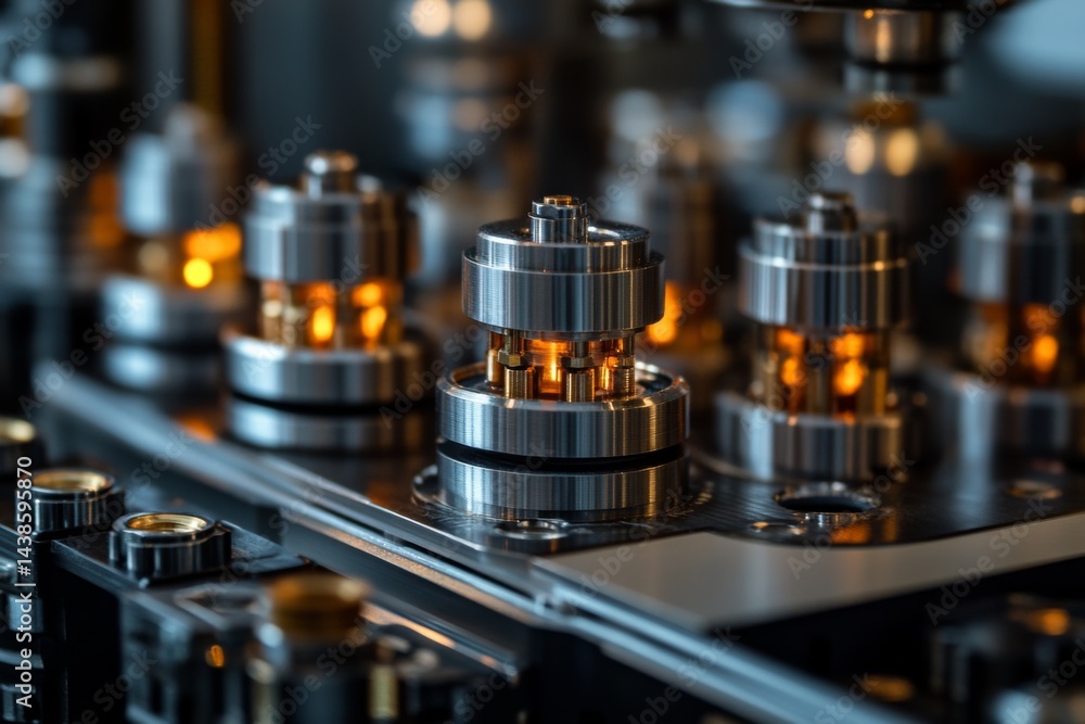 Macro shot of high-precision machinery operating with golden metal components in a factory Macro shot of high-precision machinery operating with golden metal components in a factory