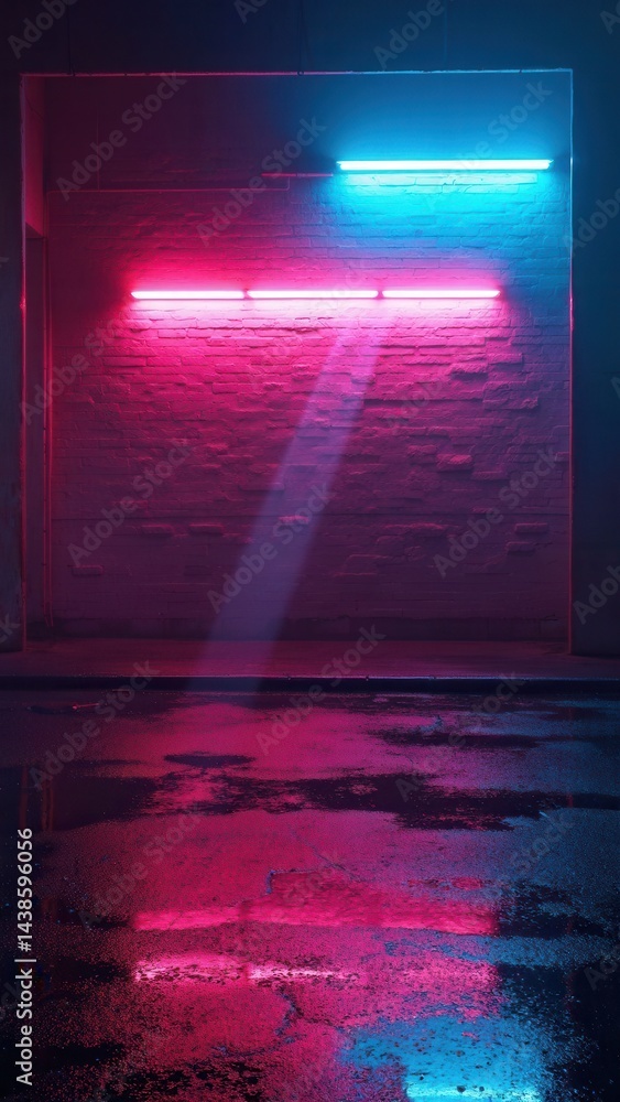 Rays neon light on neon brick wall. Empty scene. Neon reflections on wet asphalt. Cyberpunk background with copy space..