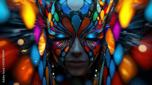 A mesmerizing mask showcases bold colors and intricate designs. The blend of blues, oranges, and purples creates an enchanting visual experience, emphasizing artistry and creativity.