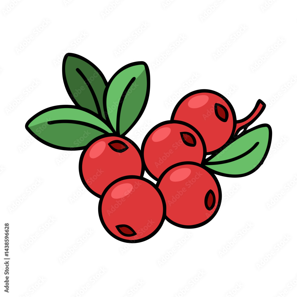 Obraz premium Illustration of lingonberry berries with green leaves, red lingonberry fruit, lingonberry plant illustration