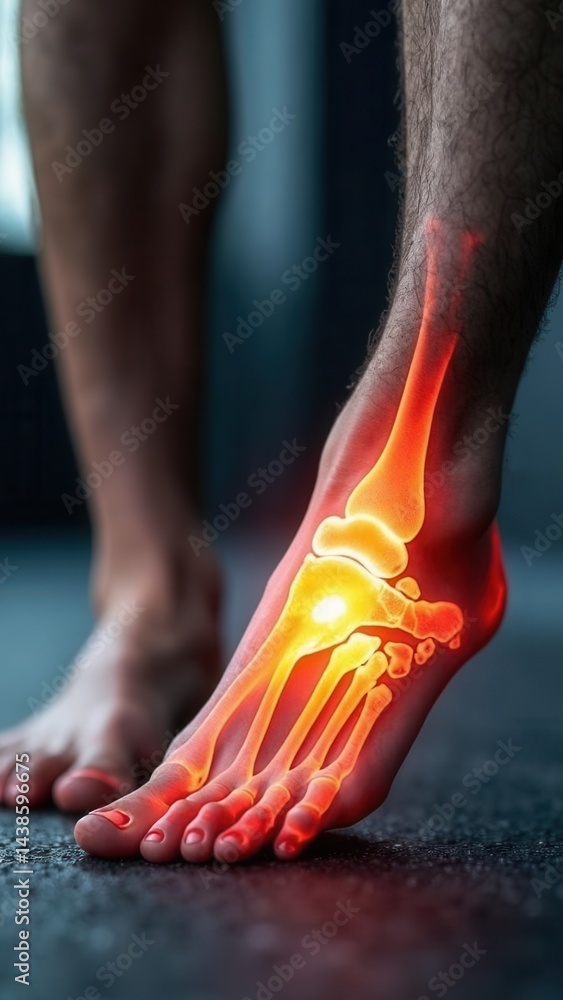 Digital bone on the human foot. Man suffering from knee pain. Injury caused by training. Tendon problems..