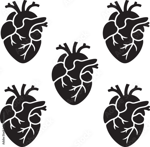 Black Silhouette Heart Icons with White Outlines for Medical Use