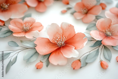 Hand-painted floral wallpaper pattern with peach-colored flowers