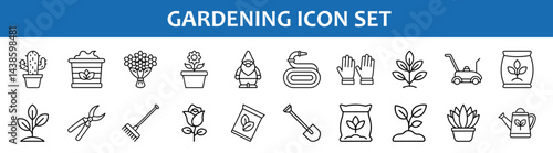 Gardening icon set vector illustration featuring garden tools plants and equipment for horticulture