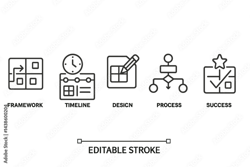 Framework, timeline, design, process, and success icons representing project management and planning strategies Framework, timeline, design, process, and success icons representing project management and planning strategies
