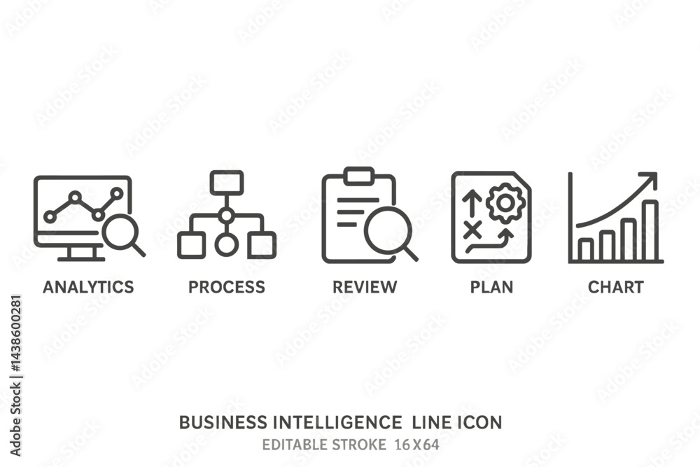 Business intelligence icons showcasing analytics, process, review, planning, and charting in a clear design Business intelligence icons showcasing analytics, process, review, planning, and charting in a clear design