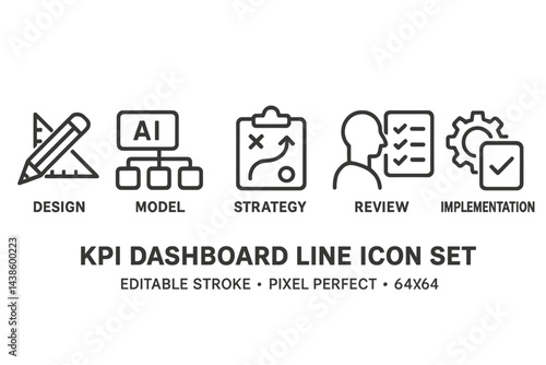 KPI dashboard line icon set featuring essential design, strategy, and implementation symbols for effective data visualization