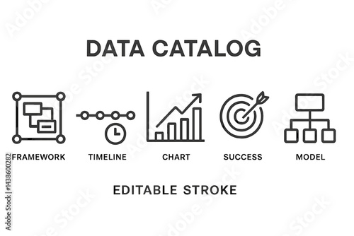Visual representation of data catalog concepts including framework, timeline, chart, success, and model for analytical purposes