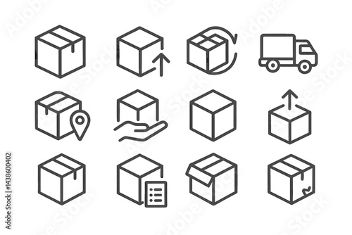 Icons representing shipping, delivery, and logistics operations for e-commerce and package handling activities