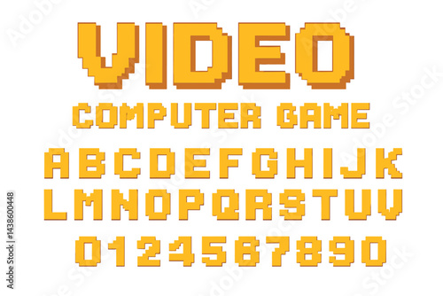 Colorful pixelated text featuring video and computer game elements in a bold and playful font style