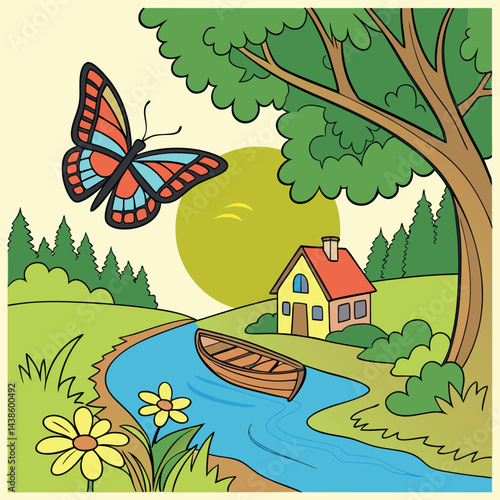 Peaceful Countryside Landscape with River, Boat, Trees, and Cozy Cottage under Sunny Sky – Vintage Cartoon Style Illustration.