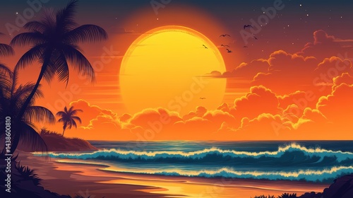 A beach sunset background with waves, golden sky, and silhouettes