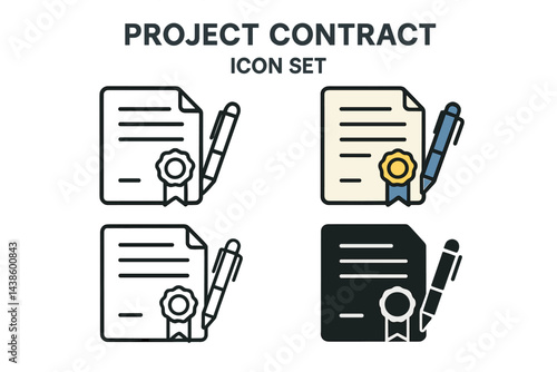 Icon set depicting project contract designs highlighting documents and pens in various styles