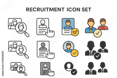 Recruitment icons showcasing various stages of the hiring process with diverse character representations and styles