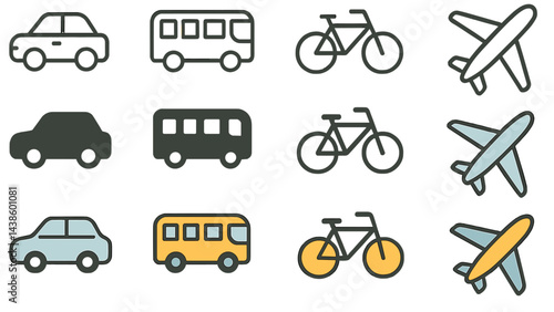 Different modes of transportation including cars, buses, bicycles, and airplanes in a simple graphic design