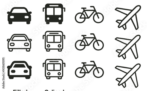 Transportation icons represent cars, buses, bicycles, and airplanes arranged in a grid pattern for easy recognition in a modern design
