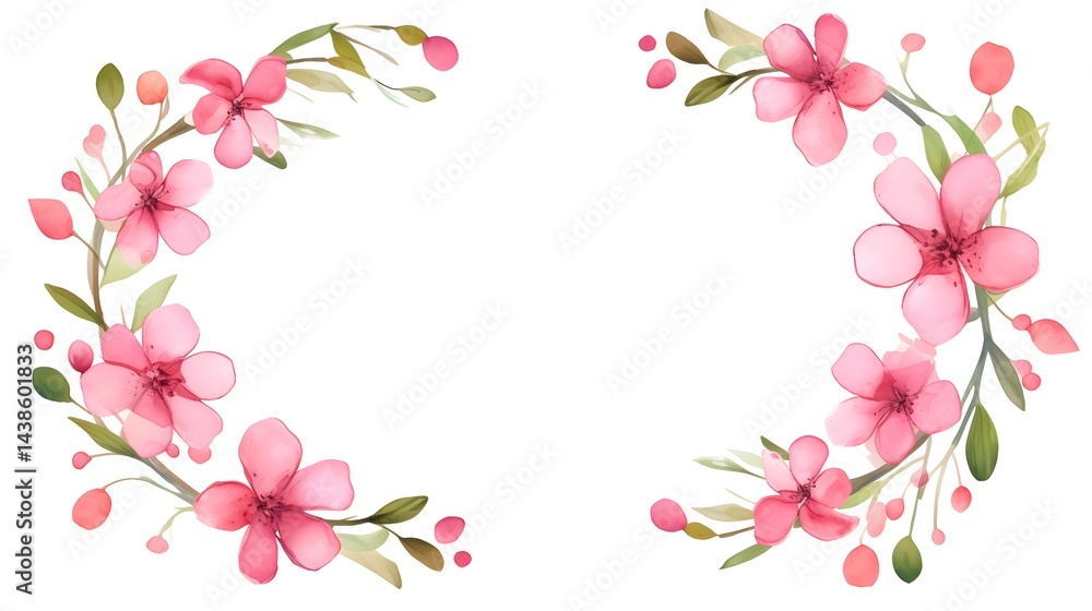 Fototapeta premium Pink Flowers and Green Leaves Round Border Hand Drawn Design Element